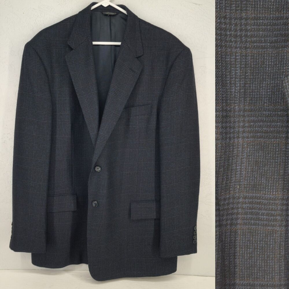 Vintage Evan Picone 44L | Gray Blue Plaid‎ Wool Tweed Sport Coat Blazer Jacket